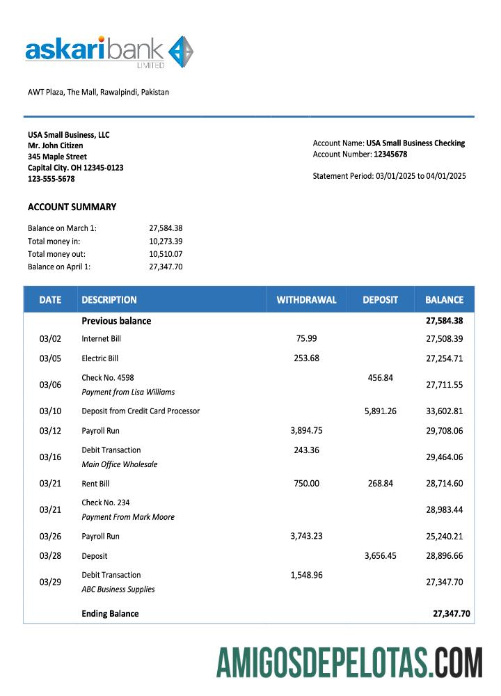 Imprimível Paquistão Askari Bank Business Checking Account Statement Word And PDF modelo